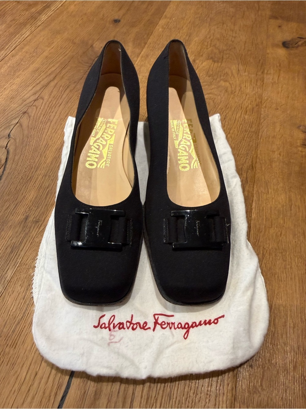Salvatore Ferragamo Black Satin Buckle Square-Toe Flats